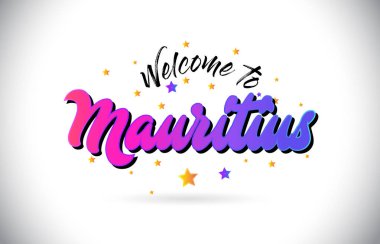 Mor pembe el yazısı yazı tipi ve sarı yıldız şekil tasarım vektör Illusration Word metin Mauritius Hoşgeldiniz.