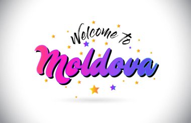 Mor pembe el yazısı yazı tipi ve sarı yıldız şekil tasarım vektör Illusration Word metin Moldova Hoşgeldiniz.