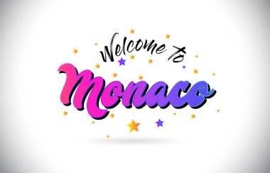 Mor pembe el yazısı yazı tipi ve sarı yıldız şekil tasarım vektör Illusration Word metin Monaco Hoşgeldiniz.