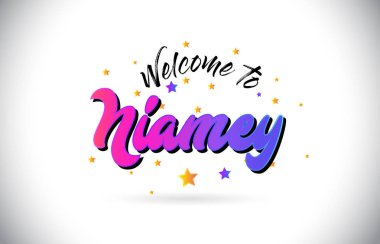 Mor pembe el yazısı yazı tipi ve sarı yıldız şekil tasarım vektör Illusration Word metin Niam Hoşgeldiniz.