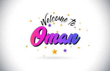 Mor pembe el yazısı yazı tipi ve sarı yıldız şekil tasarım vektör Illusration Word metin Umman Hoşgeldiniz.