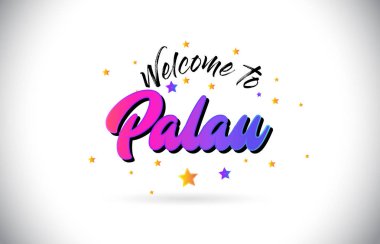 Mor pembe el yazısı yazı tipi ve sarı yıldız şekil tasarım vektör Illusration Word metin Palau Hoşgeldiniz.