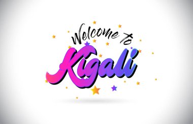 Mor pembe el yazısı yazı tipi ve sarı yıldız şekil tasarım vektör Illusration Word metin Kigali Hoşgeldiniz.