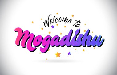 Mor pembe el yazısı yazı tipi ve sarı yıldız şekil tasarım vektör Illusration Word metin Mogadişu Hoşgeldiniz.