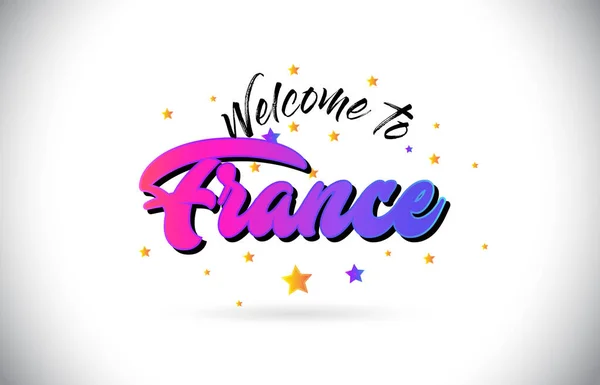 France Welcome Word Text Purple Pink Handwritten Font Yellow Stars — Stock Vector