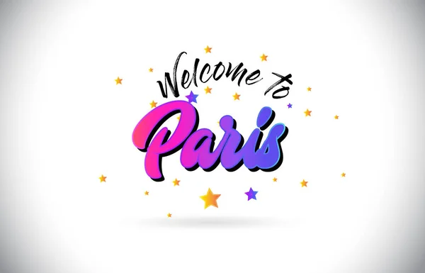 París Bienvenido Word Text Con Fuente Manuscrita Rosa Púrpura Estrellas — Vector de stock