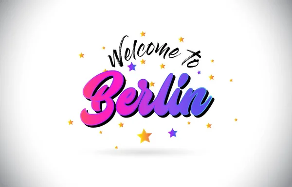 Witamy Berlinie Słowo Tekst Fioletowy Różowy Czcionki Odręczne Żółtych Gwiazdek — Wektor stockowy