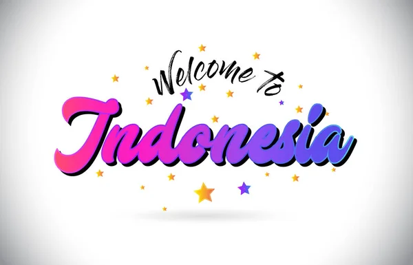 Indonesia Welcome Word Text Purple Pink Handwritten Font Yellow Stars - Stok Vektor