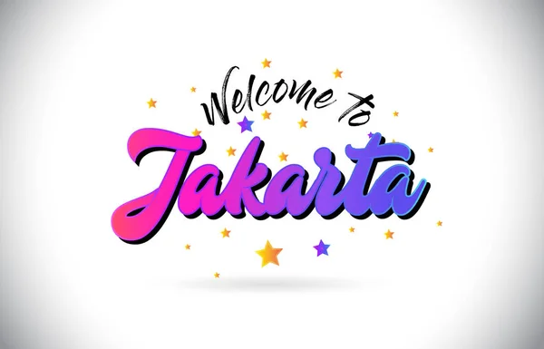 Jakarta Welcome Word Text Purple Pink Handwritten Font Yellow Stars — Stock Vector