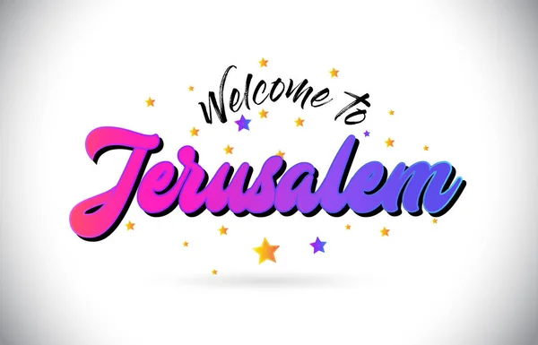 Jerusalem Welcome Word Text Purple Pink Handwritten Font Yellow Stars — Stock Vector