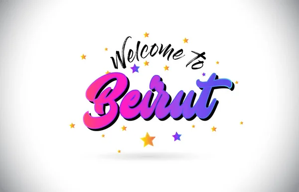Beirut Welcome Word Text Purple Pink Handwritten Font Yellow Stars — стоковый вектор