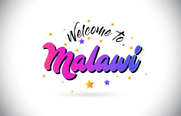 Malawi Bienvenido Texto Word Con Fuente Manuscrita Rosa Púrpura Estrellas — Vector de stock