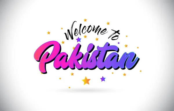 巴基斯坦欢迎来到文字文本紫色粉红色手写字体和黄星形状设计向量黄色 — 图库矢量图片