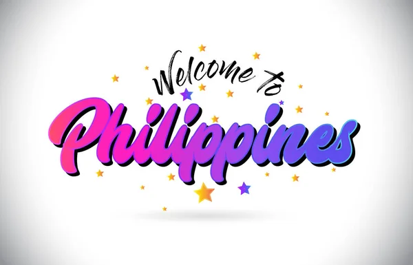 Philippines Welcome Word Text Purple Pink Handwritten Font Yellow Stars — Stock Vector