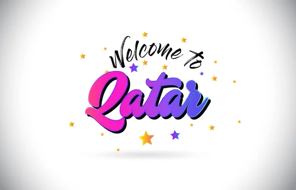Qatar Willkommen Worttext Mit Lila Rosa Handgeschriebener Schrift Und Gelben — Stockvektor