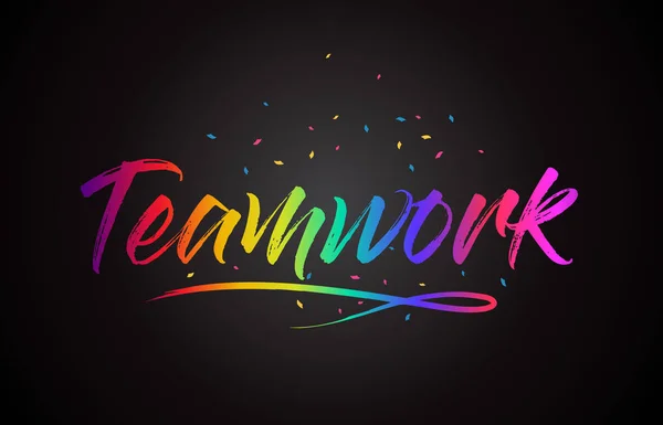 Teamwork Word Tekst Met Handgeschreven Rainbow Levendige Kleuren Confetti Vectorillustratie — Stockvector