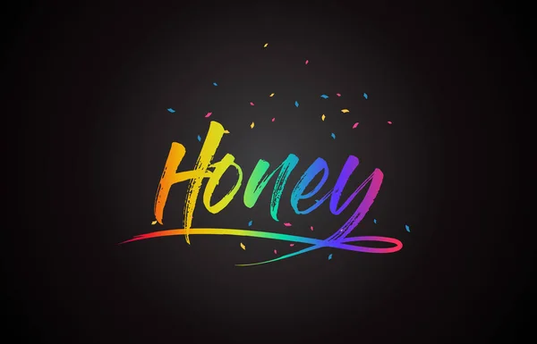 蜂蜜単語テキスト 手書き虹の鮮やかな色と紙吹雪のベクトル図 — ストックベクタ