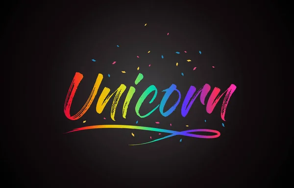 Unicorn Word Text Handwritten Rainbow Vibrant Colors Confetti Vector Illustration — Stock Vector