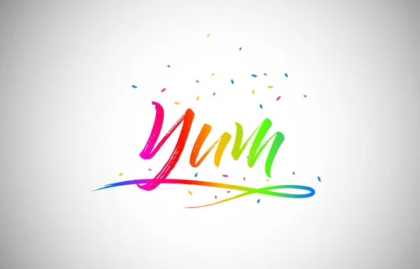 Yum Texto Creativo Palabra Con Colores Vibrantes Arco Iris Confetti — Vector de stock