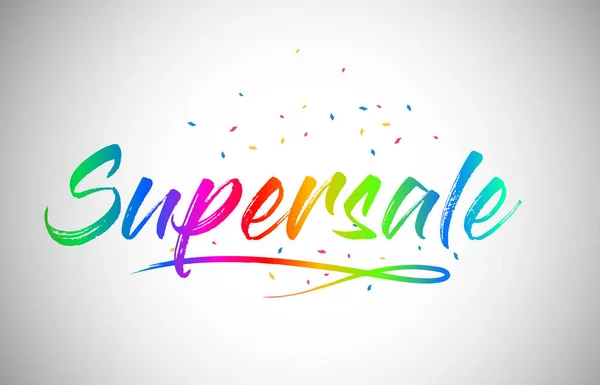 Supersale Creatieve Word Tekst Met Handgeschreven Rainbow Levendige Kleuren Confetti — Stockvector