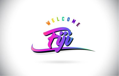 Fiji Word metni yaratıcı mor pembe el yazısı yazı tipiyle hoş geldiniz ve şekil tasarlamak vektör Swoosh.