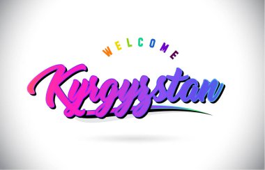 Kırgızistan Word metni yaratıcı mor pembe el yazısı yazı tipiyle hoş geldiniz ve şekil tasarlamak vektör Swoosh.
