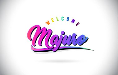 Word metni yaratıcı mor ile hoşgeldin Majuro el yazısı yazı tipi pembe ve şekil tasarlamak vektör Swoosh.
