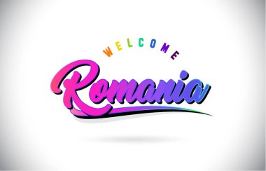 Romanya kelime metni yaratıcı mor pembe el yazısı yazı tipiyle hoş geldiniz ve şekil tasarlamak vektör Swoosh.