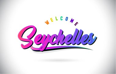 Seyşeller Word metni yaratıcı mor pembe el yazısı yazı tipiyle hoş geldiniz ve şekil tasarlamak vektör Swoosh.