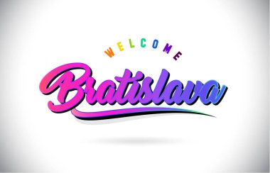 Bratislava Word metni yaratıcı mor pembe el yazısı yazı tipiyle hoş geldiniz ve şekil tasarlamak vektör Swoosh.