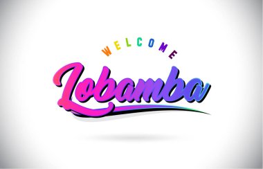 Lobamba Hoşgeldiniz yaratıcı mor ile Word metni için elle yazılmış yazı tipi pembe ve şekil tasarlamak vektör Swoosh.