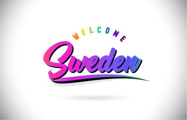İsveç Word metni yaratıcı mor pembe el yazısı yazı tipiyle hoş geldiniz ve şekil tasarlamak vektör Swoosh.