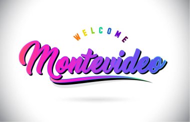 Montevideo Word metni yaratıcı mor pembe el yazısı yazı tipiyle hoş geldiniz ve şekil tasarlamak vektör Swoosh.