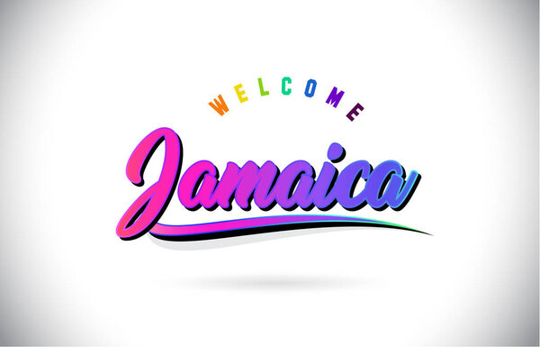Jamaica Welcome To Word Text with Creative Purple Pink Handwritten Font and Swoosh Shape Design Vector Illustration.