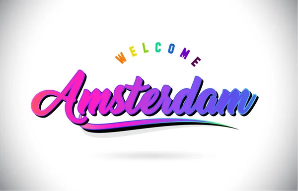 アムステルダムへようこそ創造的な紫ピンク手書きフォントで Word テキストと図形デザイン ベクトル図をシューッという音 — ストックベクタ