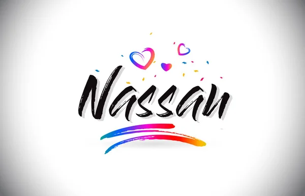 Νασάου: Καλώς ήλθατε λέξη κείμενο με αγάπη καρδιές και δημιουργικής Handwr — Διανυσματικό Αρχείο