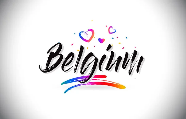 Bélgica Bienvenido a Word Text con corazones de amor y mano creativa — Vector de stock