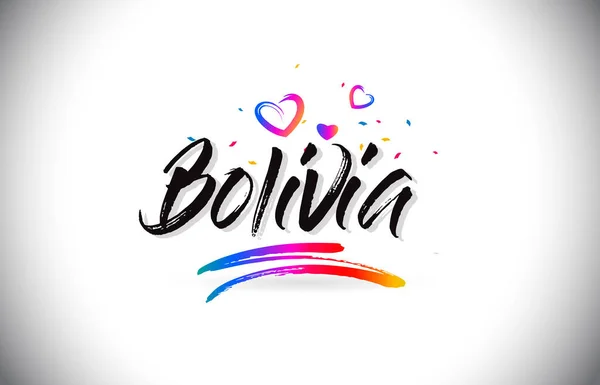 Βολιβία Καλώς ήλθατε λέξη κείμενο με καρδιές αγάπη και δημιουργικό χέρι — Διανυσματικό Αρχείο