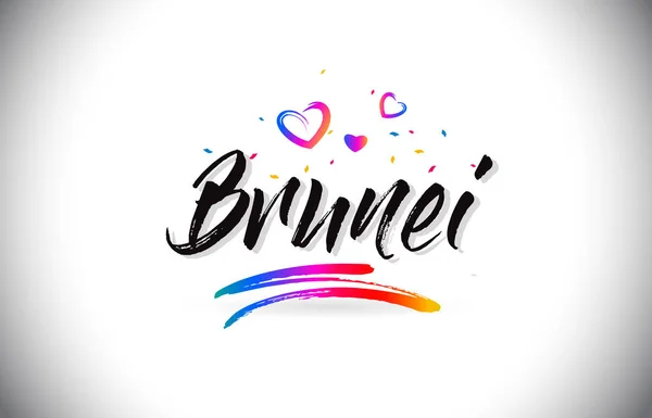 Μπρουνέι Καλώς ήλθατε λέξη κείμενο με αγάπη καρδιές και δημιουργικής Handwr — Διανυσματικό Αρχείο