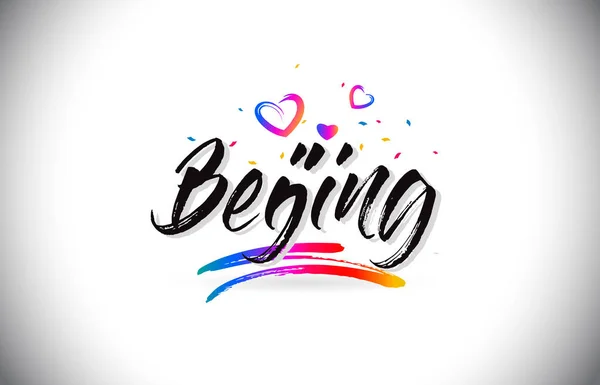 Beijing Bienvenido al texto de Word con corazones de amor y mano creativa — Vector de stock