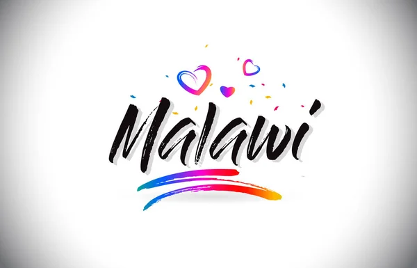 Malawi Bienvenido al texto de Word con corazones de amor y mano creativa — Vector de stock