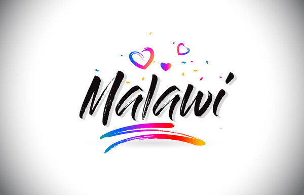 Malawi Welcome To Word Text with Love Hearts and Creative Handwr