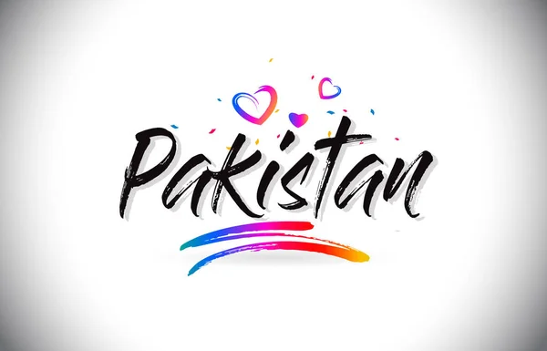 巴基斯坦欢迎来到文字文本与爱的心和创造性的手 — 图库矢量图片