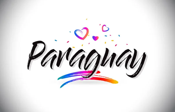 Παραγουάη Καλώς ήλθατε λέξη κείμενο με καρδιές αγάπη και δημιουργικό χέρι — Διανυσματικό Αρχείο