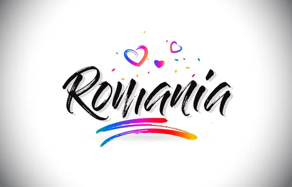 Rumania Welcome To Word Text with Love Hearts and Creative Handw - Stok Vektor