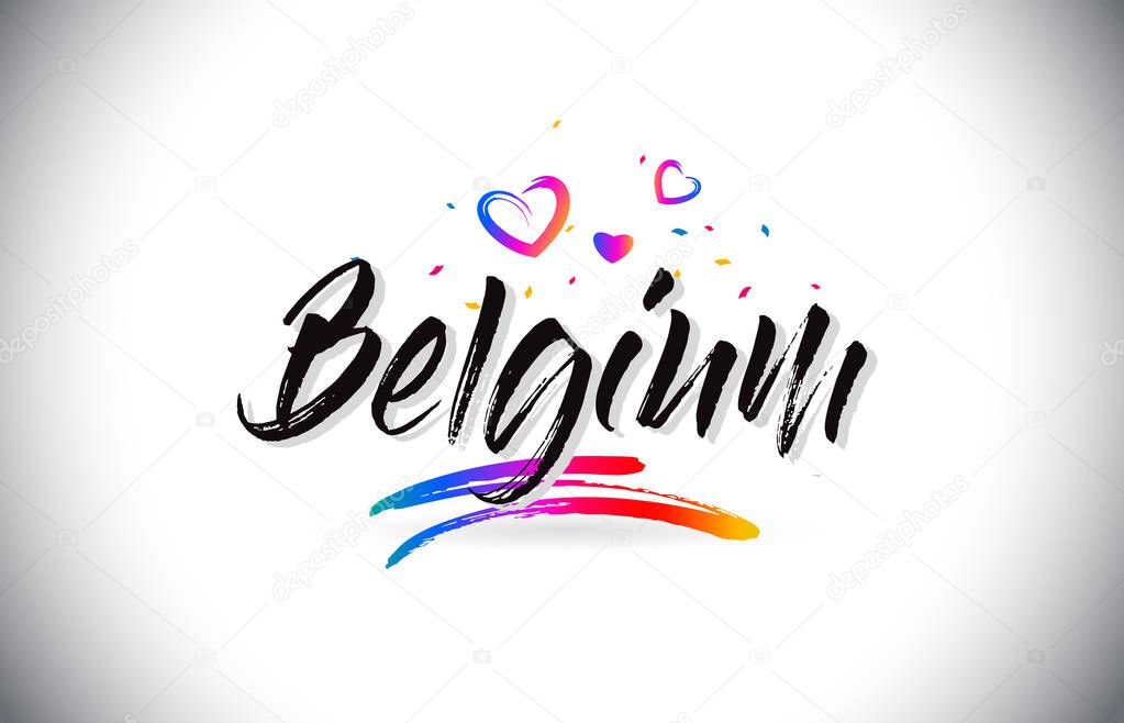 Belgium Welcome To Word Text with Love Hearts and Creative Handwritten Font Design Vector Illustration.