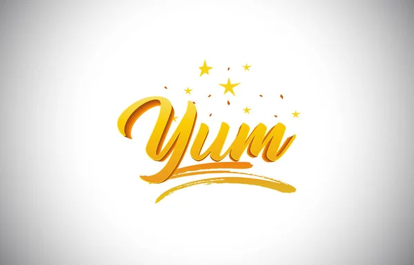 Yum Golden Yellow Word Texto con colores vibrantes dorados escritos a mano — Vector de stock