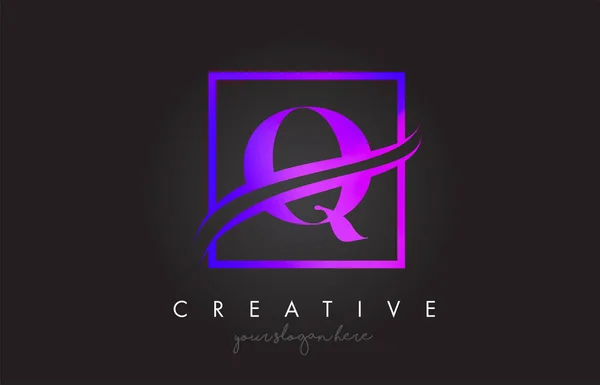 Q purple Violet brief Logo ontwerp met vierkante Swoosh grens en — Stockvector