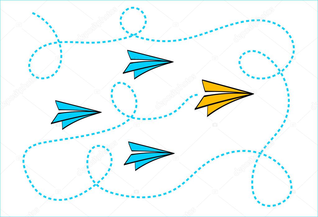 Leadership concept with Yellow paper plane leading among Blue paper plane