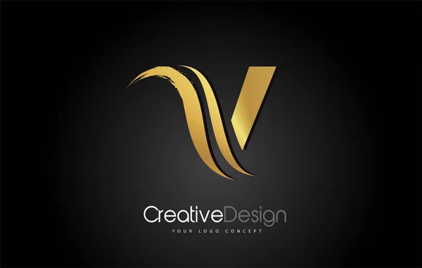 Altın Metal V mektup tasarım fırça boya Inme üzerinde siyah backgroun — Stok Vektör